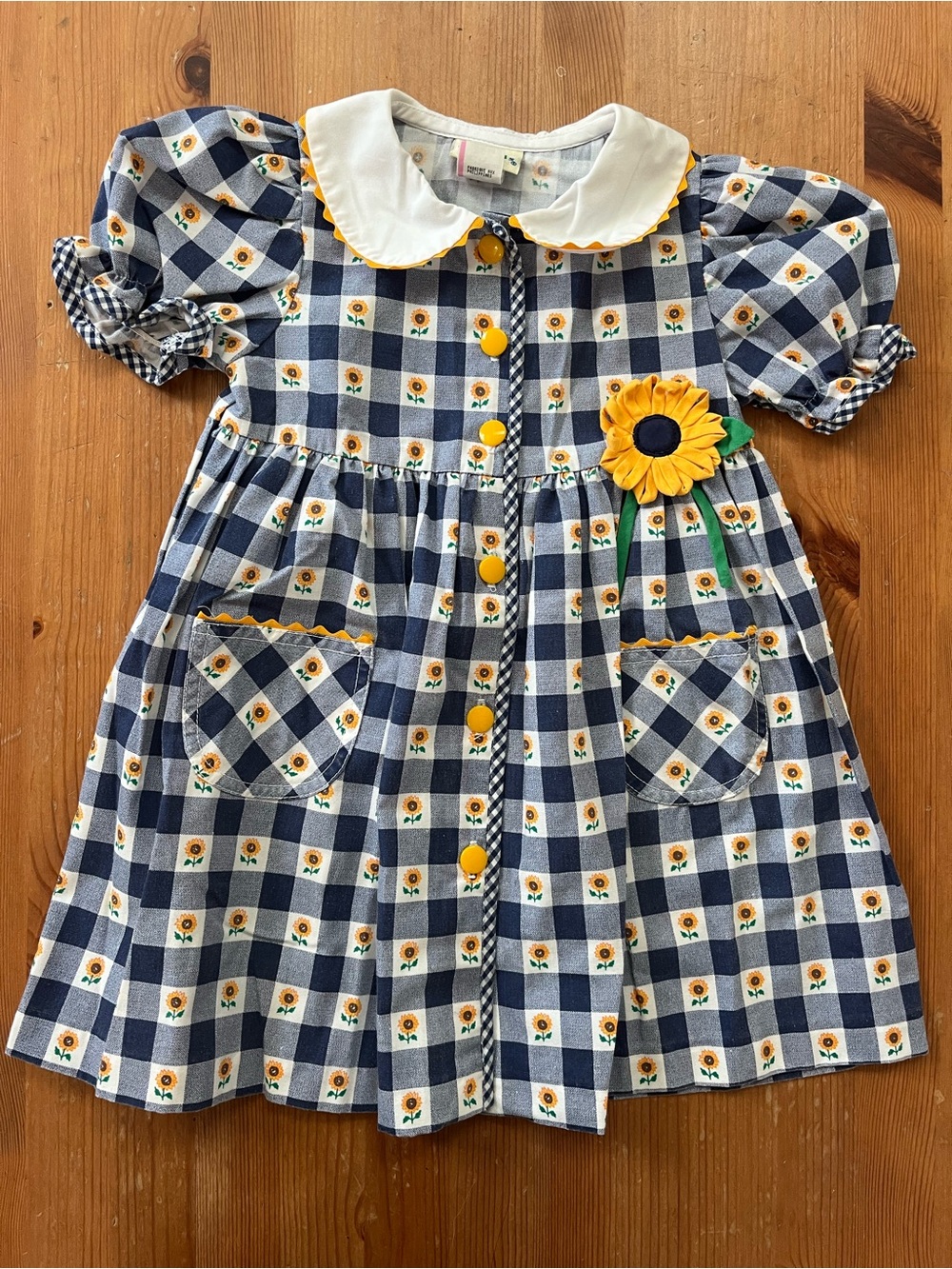 Girls Navy & Yellow Sunflower Check Dress with Peter Pan Collar